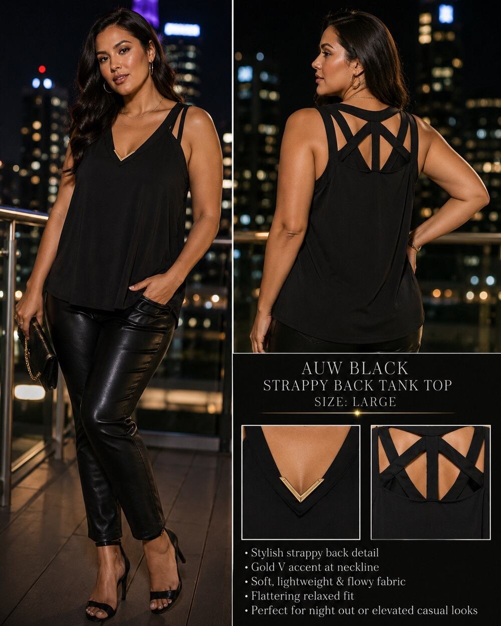 AUW Black Strappy Back Gold Element Sleeveless Women's Blouse Sz L Night Out EUC